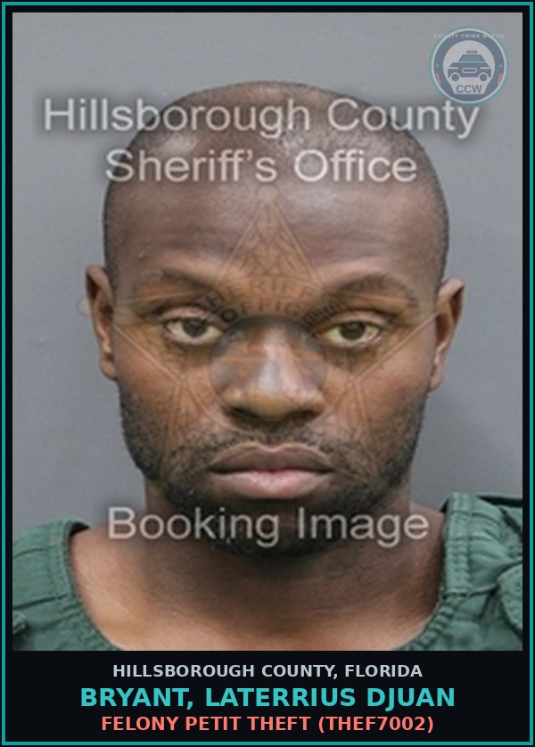 Booking mugshot of BRYANT, LATERRIUS DJUAN in Hillsborough County