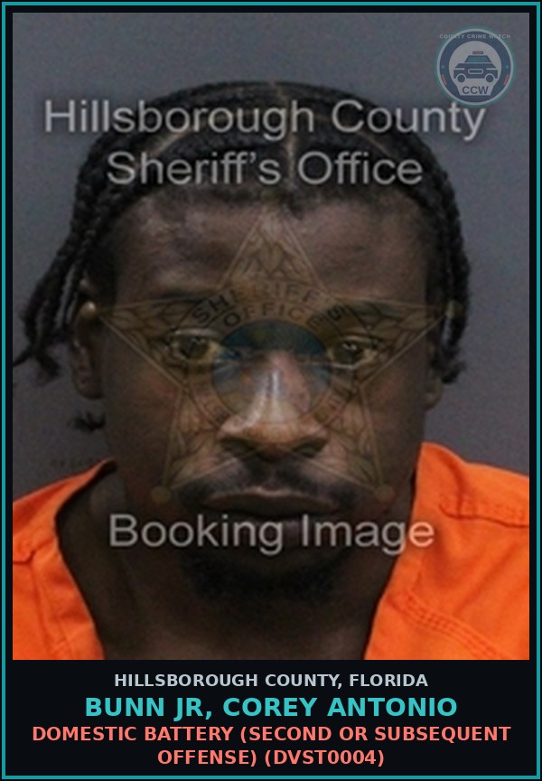 Booking mugshot of BUNN JR, COREY ANTONIO in Hillsborough County