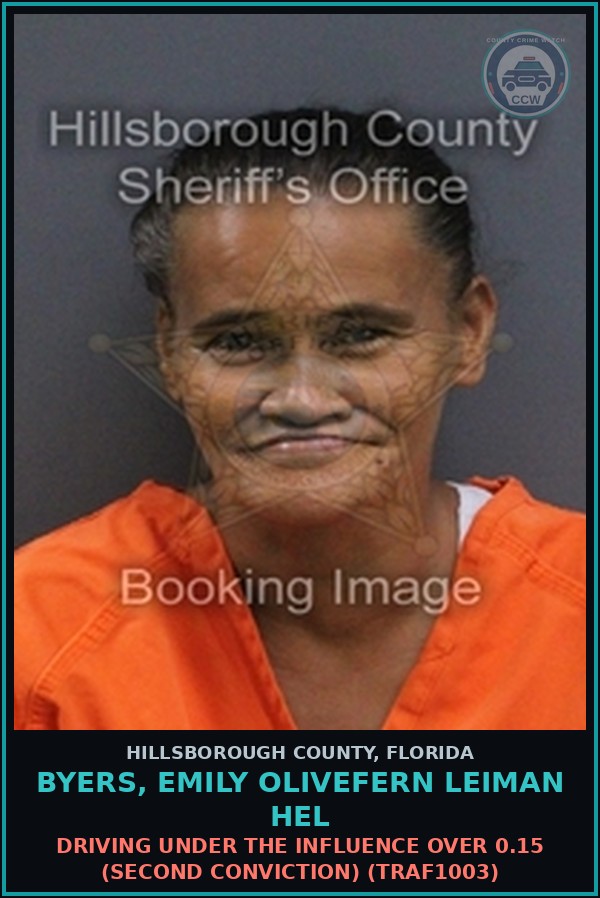 Booking mugshot of BYERS, EMILY OLIVEFERN LEIMAN HEL in Hillsborough County