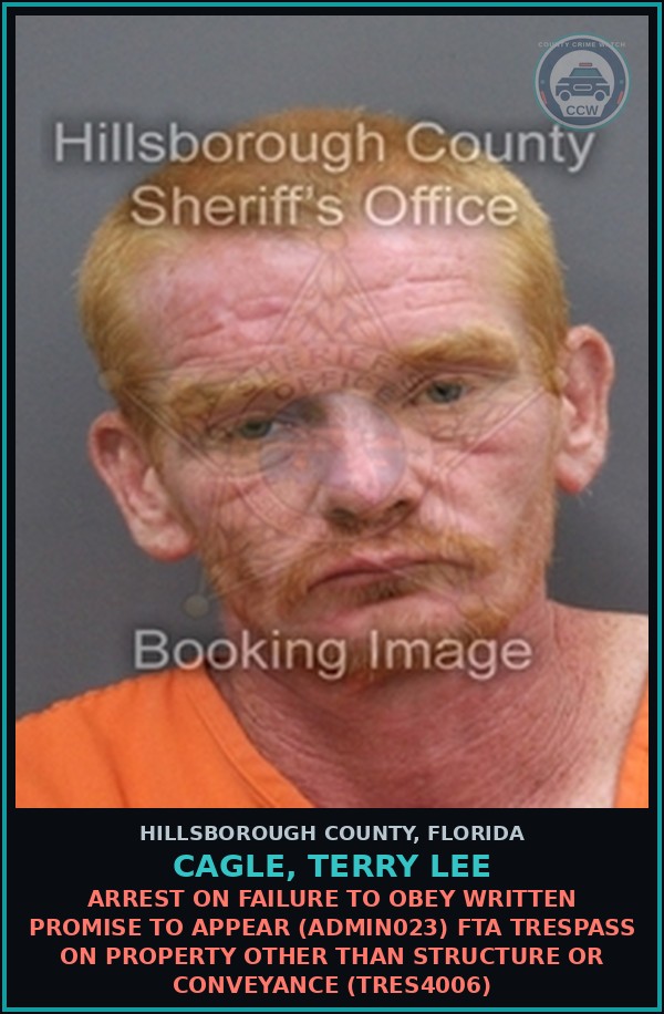 Booking mugshot of CAGLE, TERRY LEE in Hillsborough County
