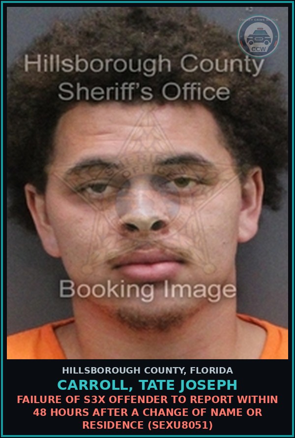 Booking mugshot of CARROLL, TATE JOSEPH in Hillsborough County