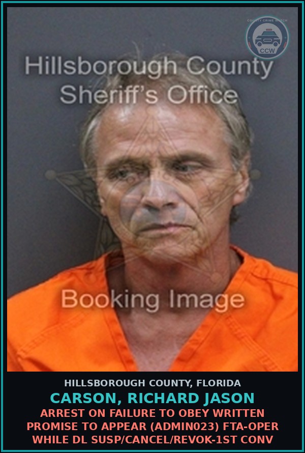 Booking mugshot of CARSON, RICHARD JASON in Hillsborough County