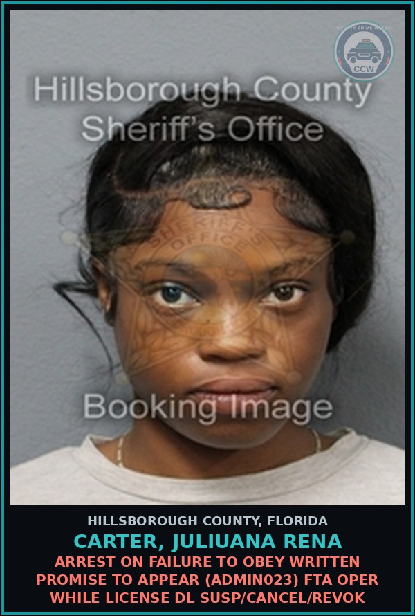 Booking mugshot of CARTER, JULIUANA RENA in Hillsborough County
