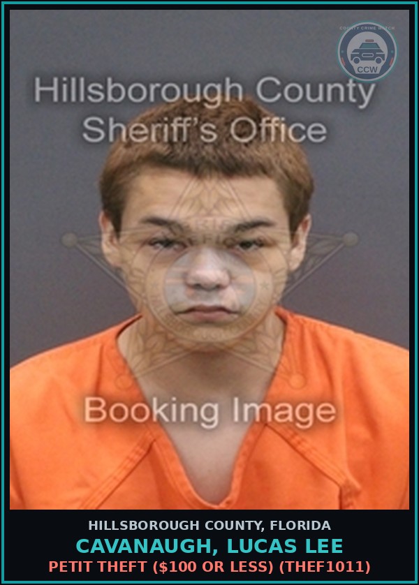 Booking mugshot of CAVANAUGH, LUCAS LEE in Hillsborough County