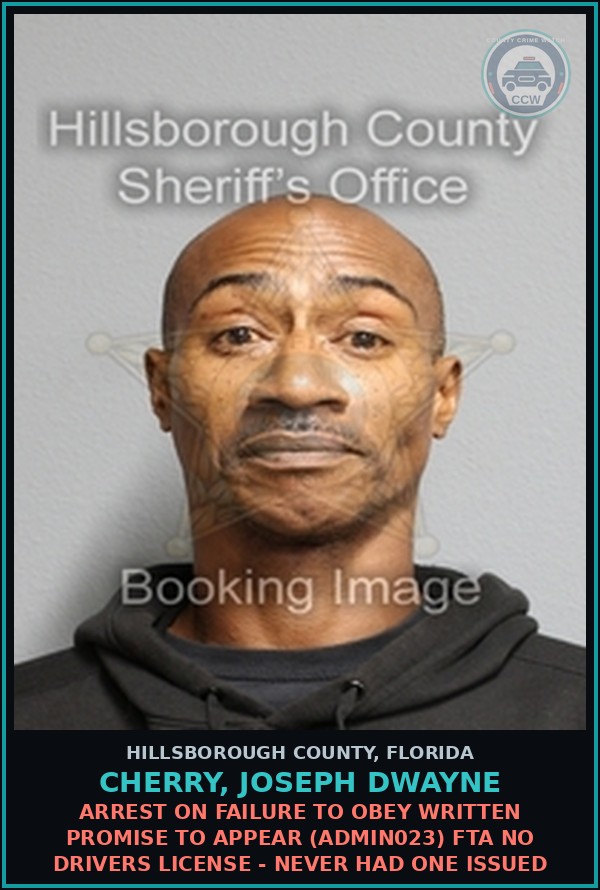 Booking mugshot of CHERRY, JOSEPH DWAYNE in Hillsborough County