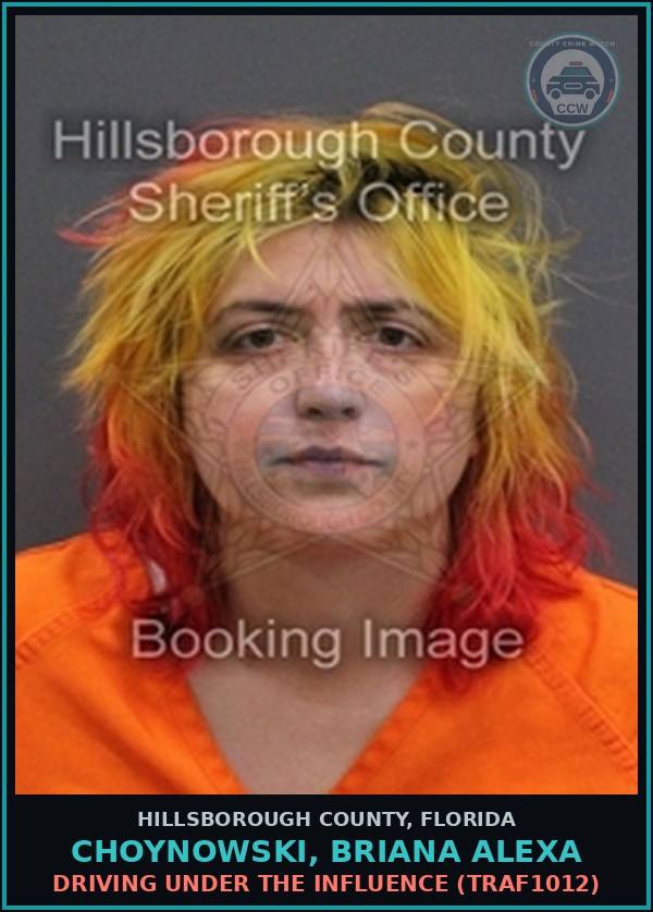 Booking mugshot of CHOYNOWSKI, BRIANA ALEXA in Hillsborough County