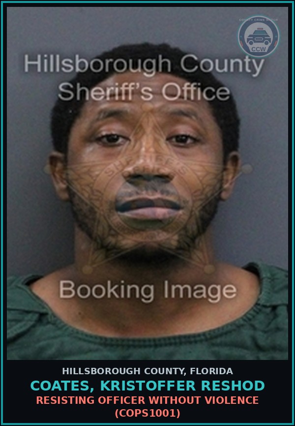 Booking mugshot of COATES, KRISTOFFER RESHOD in Hillsborough County