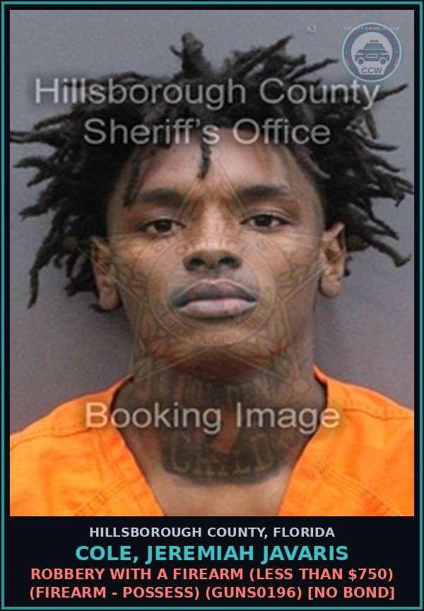 Booking mugshot of COLE, JEREMIAH JAVARIS in Hillsborough County