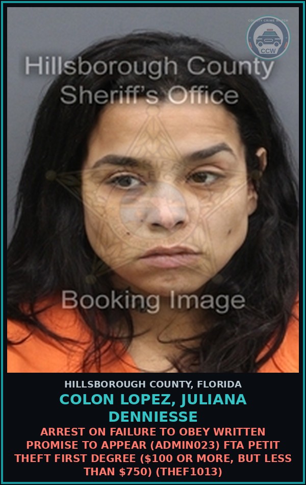 Booking mugshot of COLON LOPEZ, JULIANA DENNIESSE in Hillsborough County