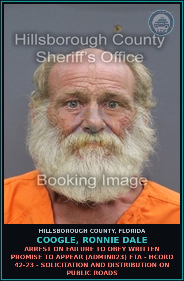 Booking mugshot of COOGLE, RONNIE DALE in Hillsborough County