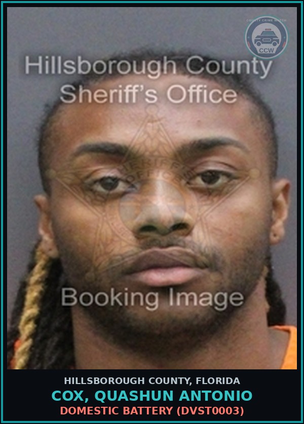 Booking mugshot of COX, QUASHUN ANTONIO in Hillsborough County