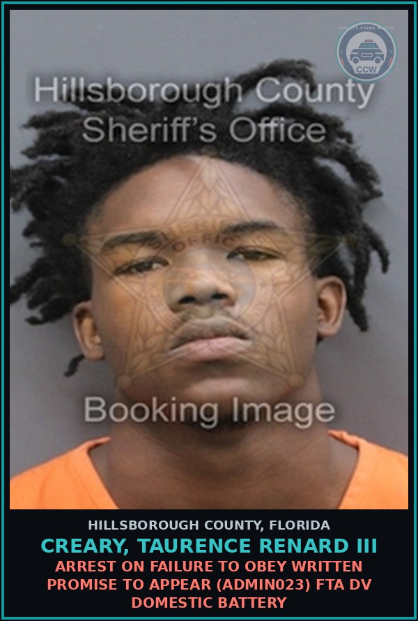 Booking mugshot of CREARY, TAURENCE RENARD III in Hillsborough County