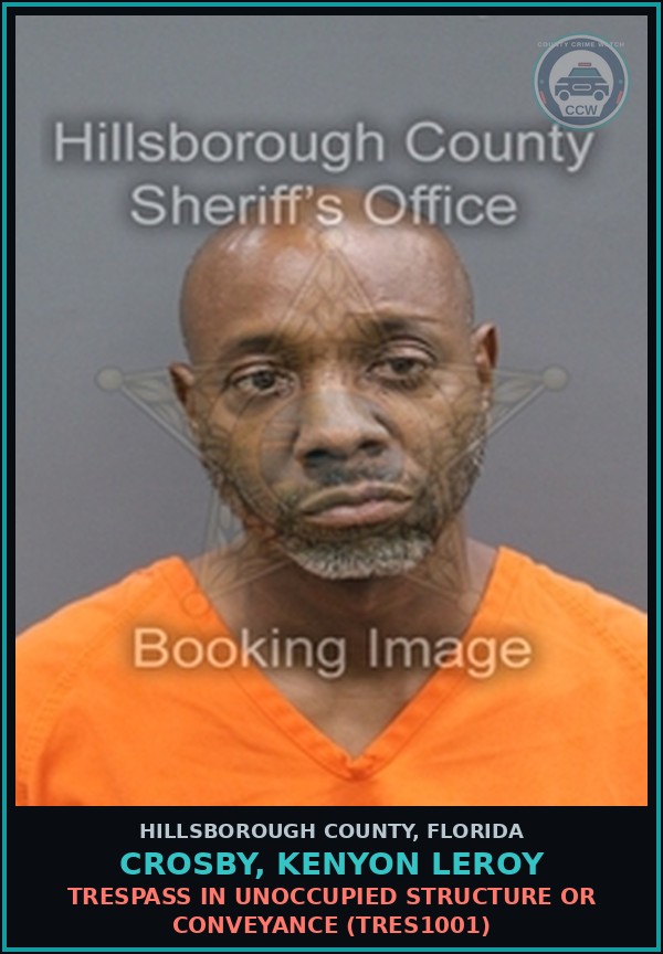 Booking mugshot of CROSBY, KENYON LEROY in Hillsborough County