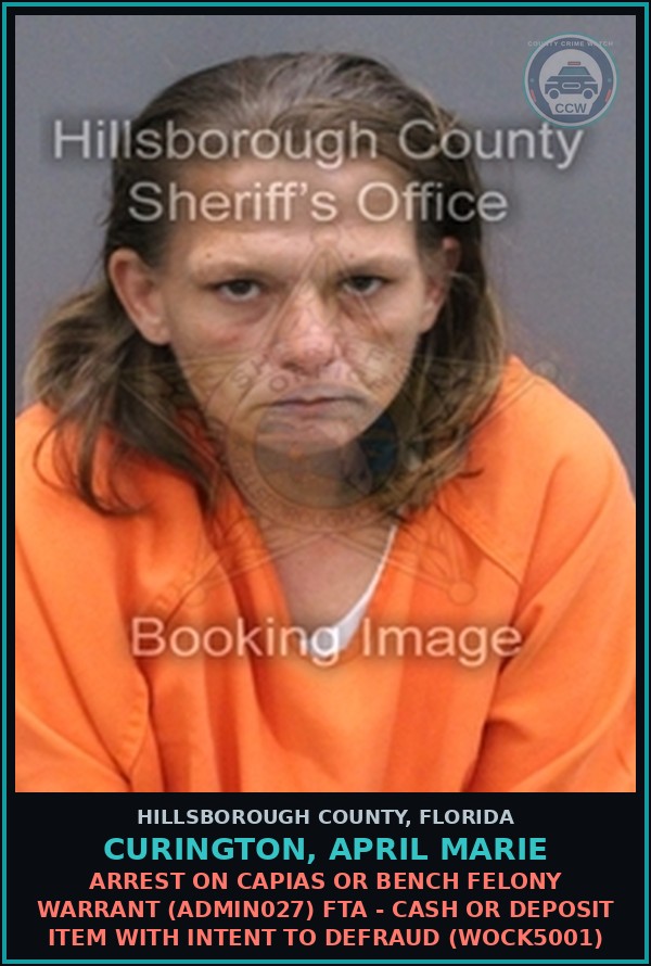 Booking mugshot of CURINGTON, APRIL MARIE in Hillsborough County