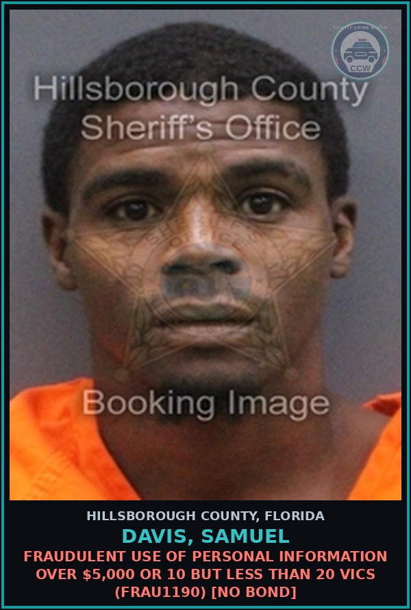 Booking mugshot of DAVIS, SAMUEL in Hillsborough County