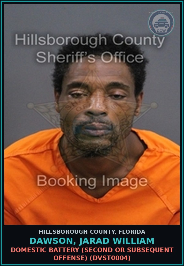 Booking mugshot of DAWSON, JARAD WILLIAM in Hillsborough County
