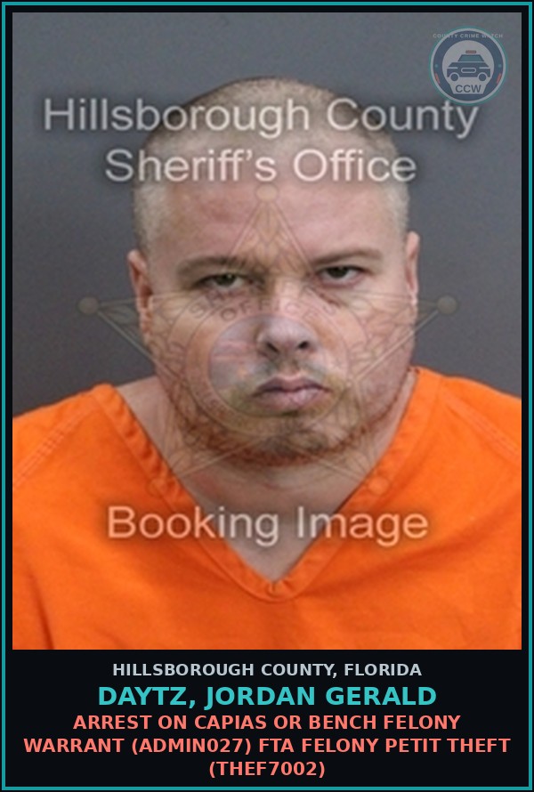 Booking mugshot of DAYTZ, JORDAN GERALD in Hillsborough County