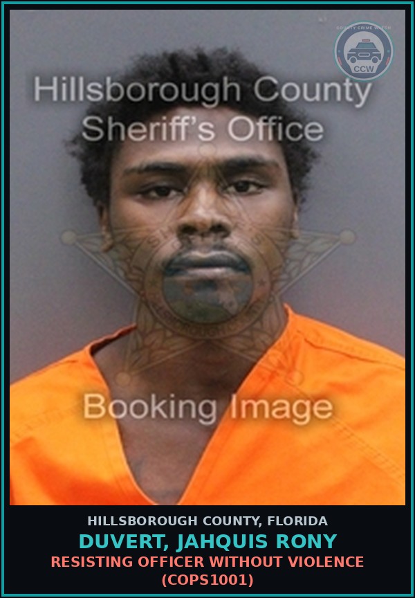 Booking mugshot of DUVERT, JAHQUIS RONY in Hillsborough County