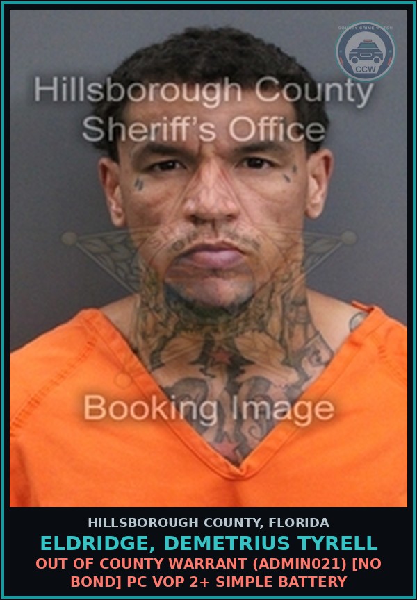 Booking mugshot of ELDRIDGE, DEMETRIUS TYRELL in Hillsborough County