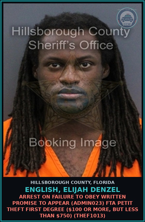 Booking mugshot of ENGLISH, ELIJAH DENZEL in Hillsborough County
