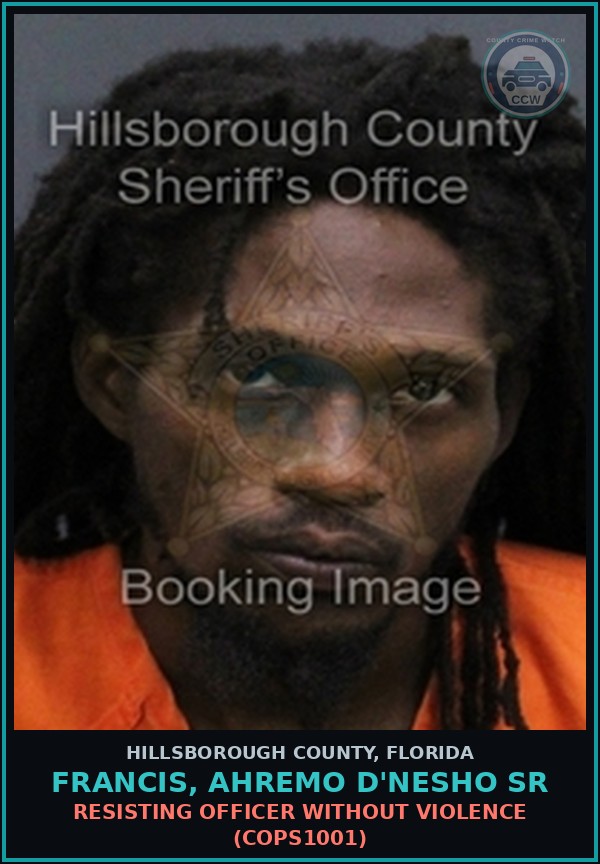 Booking mugshot of FRANCIS, AHREMO D'NESHO SR in Hillsborough County
