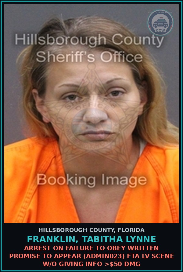Booking mugshot of FRANKLIN, TABITHA LYNNE in Hillsborough County