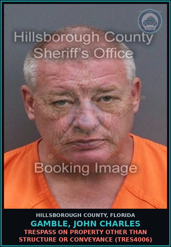 Booking mugshot of GAMBLE, JOHN CHARLES in Hillsborough County