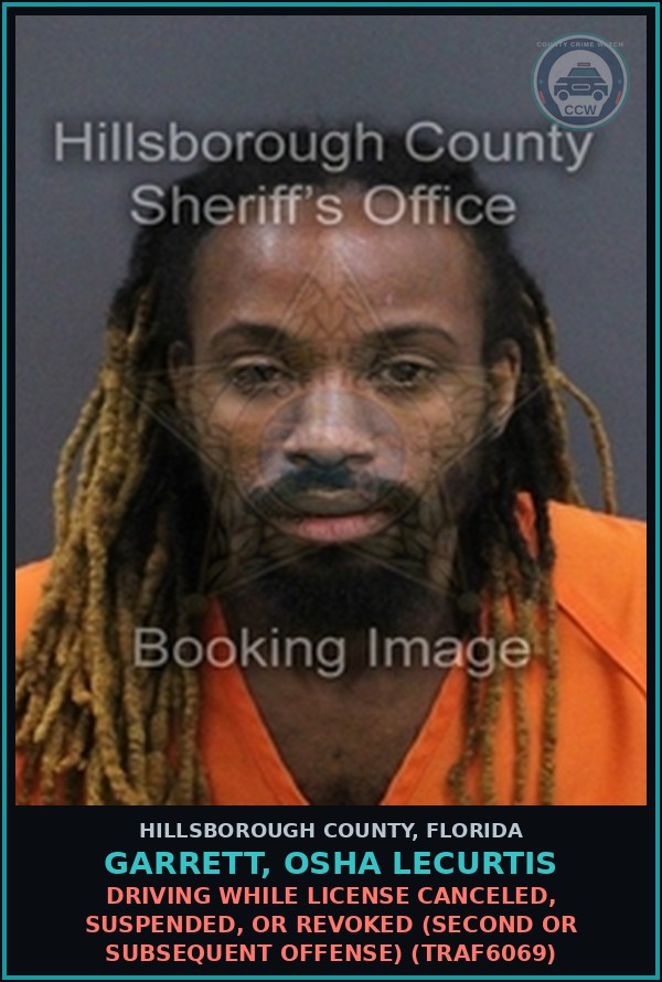 Booking mugshot of GARRETT, OSHA LECURTIS in Hillsborough County