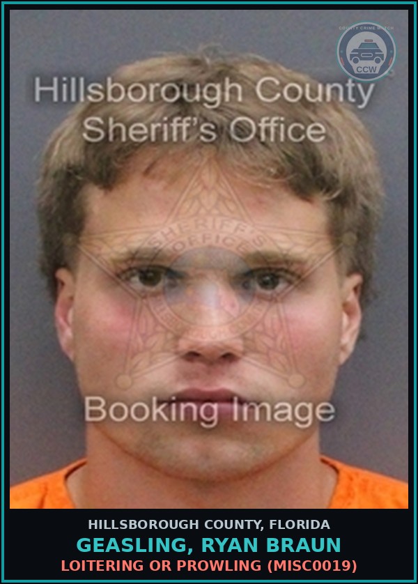 Booking mugshot of GEASLING, RYAN BRAUN in Hillsborough County