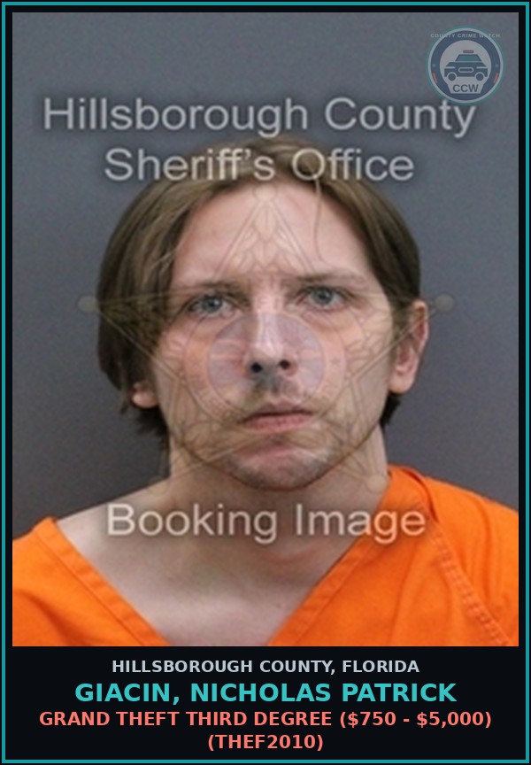 Booking mugshot of GIACIN, NICHOLAS PATRICK in Hillsborough County