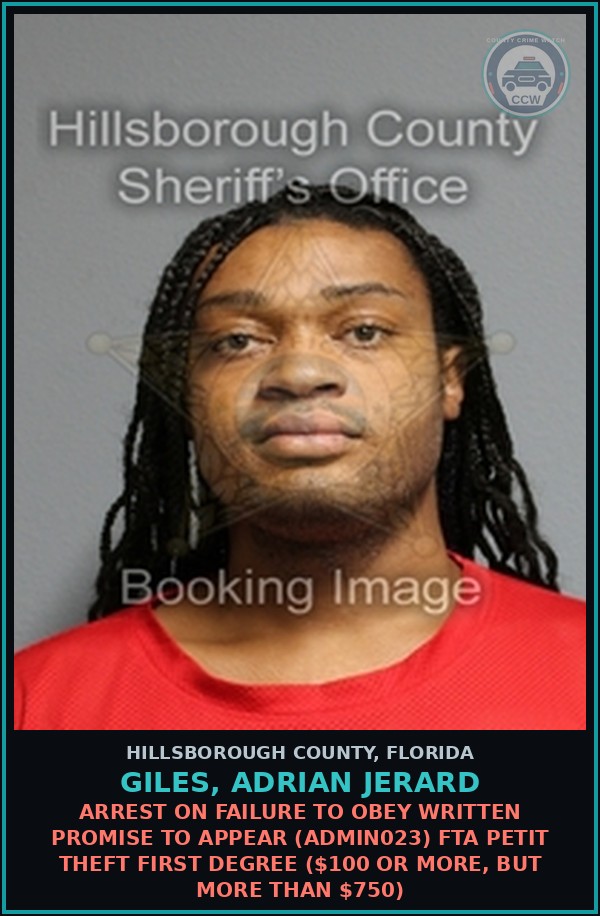Booking mugshot of GILES, ADRIAN JERARD in Hillsborough County