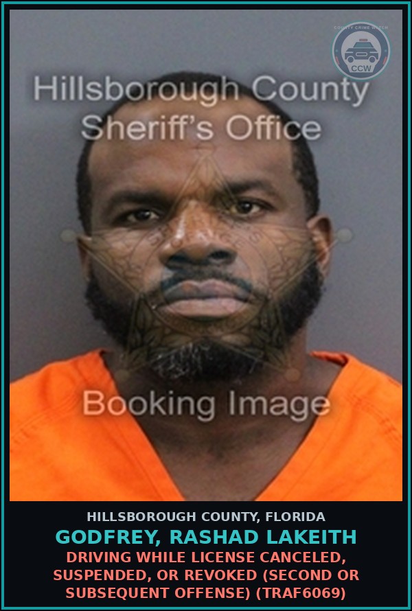Booking mugshot of GODFREY, RASHAD LAKEITH in Hillsborough County