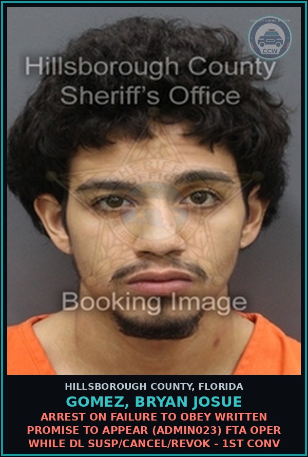 Booking mugshot of GOMEZ, BRYAN JOSUE in Hillsborough County