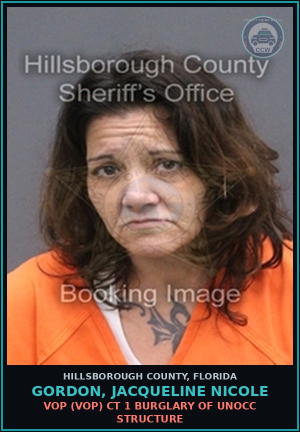 Booking mugshot of GORDON, JACQUELINE NICOLE in Hillsborough County