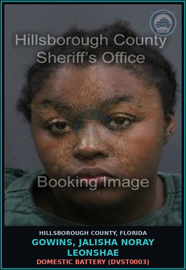 Booking mugshot of GOWINS, JALISHA NORAY LEONSHAE in Hillsborough County