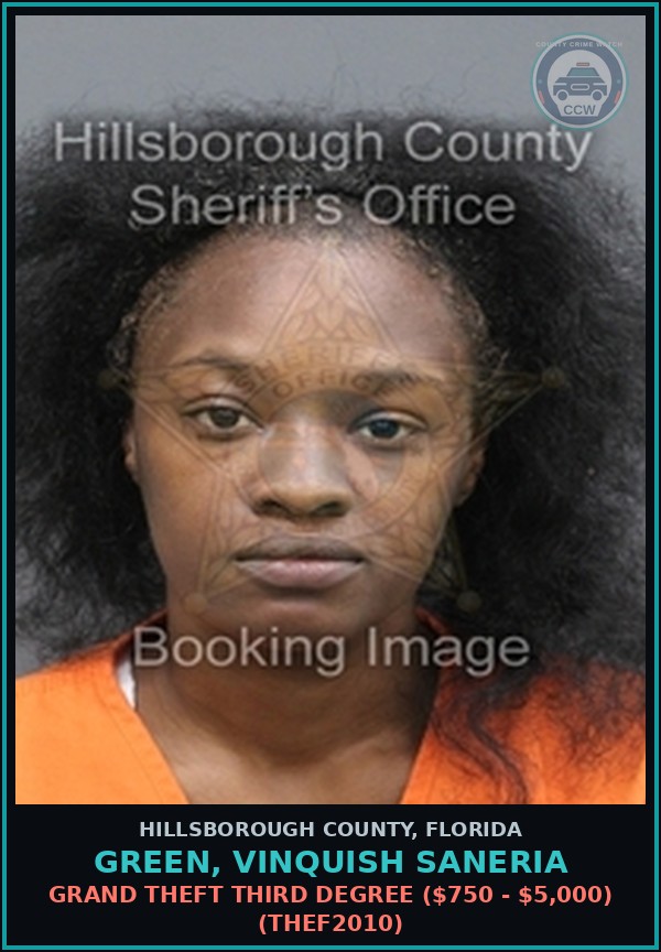 Booking mugshot of GREEN, VINQUISH SANERIA in Hillsborough County