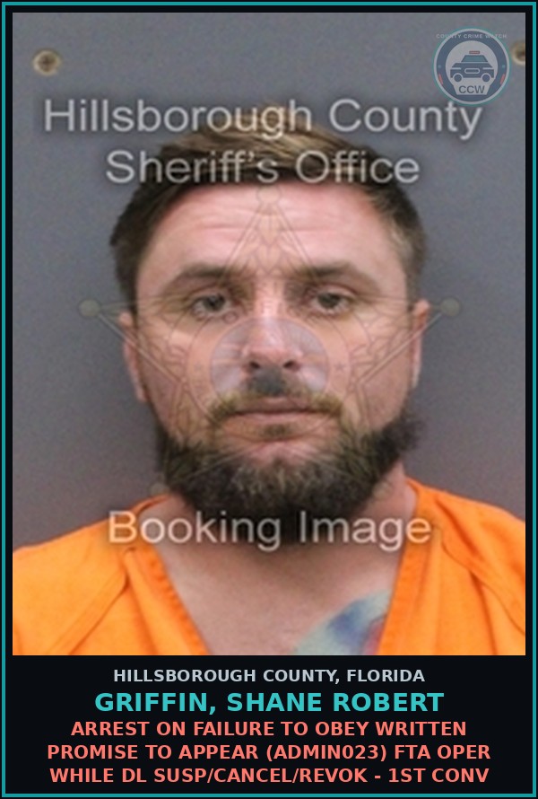 Booking mugshot of GRIFFIN, SHANE ROBERT in Hillsborough County