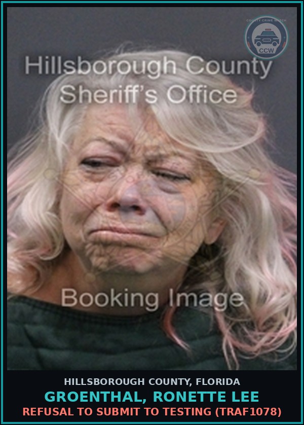 Booking mugshot of GROENTHAL, RONETTE LEE in Hillsborough County
