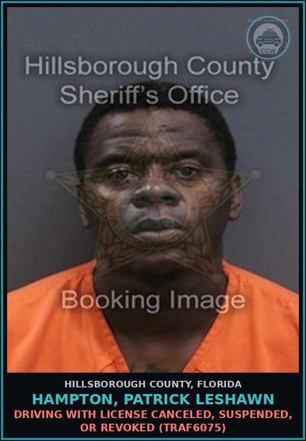 Booking mugshot of HAMPTON, PATRICK LESHAWN in Hillsborough County