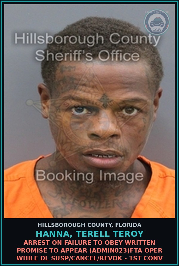 Booking mugshot of HANNA, TERELL TEROY in Hillsborough County