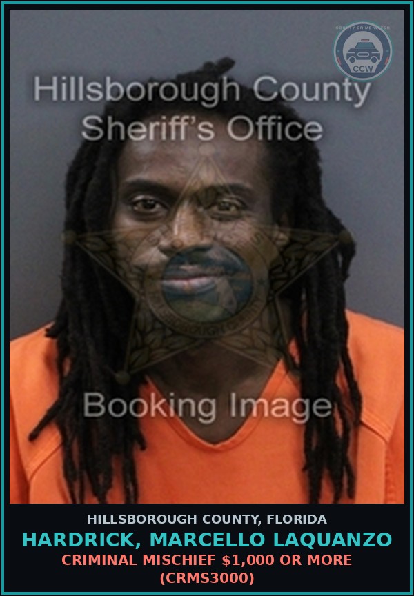 Booking mugshot of HARDRICK, MARCELLO LAQUANZO in Hillsborough County
