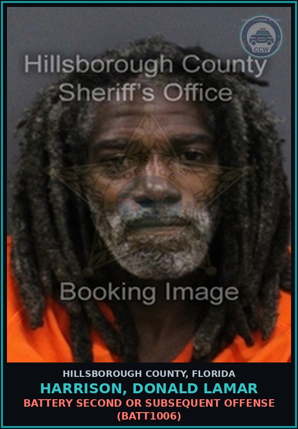 Booking mugshot of HARRISON, DONALD LAMAR in Hillsborough County