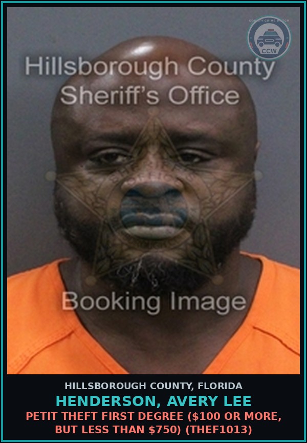 Booking mugshot of HENDERSON, AVERY LEE in Hillsborough County