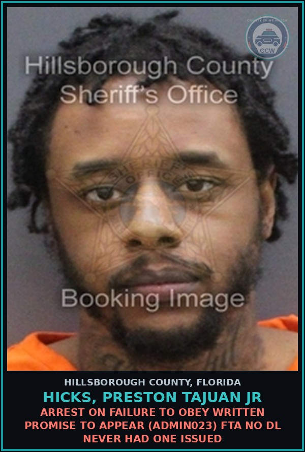 Booking mugshot of HICKS, PRESTON TAJUAN JR in Hillsborough County