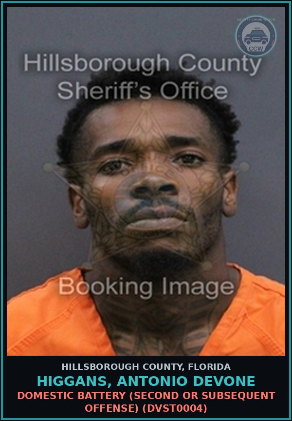 Booking mugshot of HIGGANS, ANTONIO DEVONE in Hillsborough County