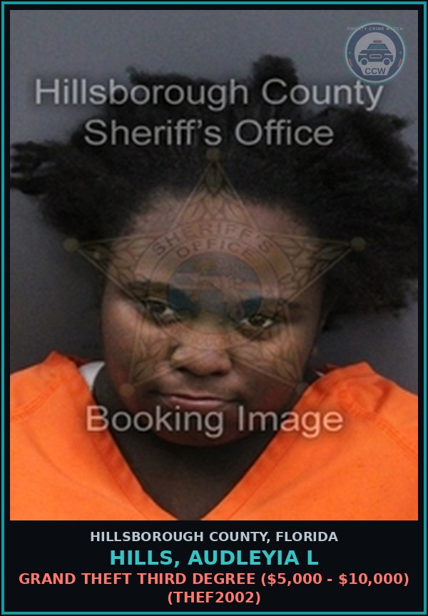 Booking mugshot of HILLS, AUDLEYIA L in Hillsborough County