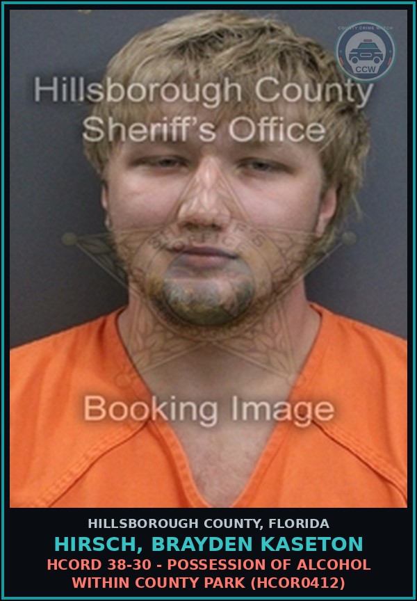 Booking mugshot of HIRSCH, BRAYDEN KASETON in Hillsborough County