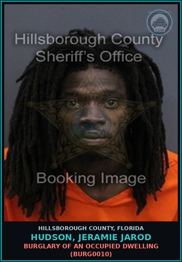 Booking mugshot of HUDSON, JERAMIE JAROD in Hillsborough County