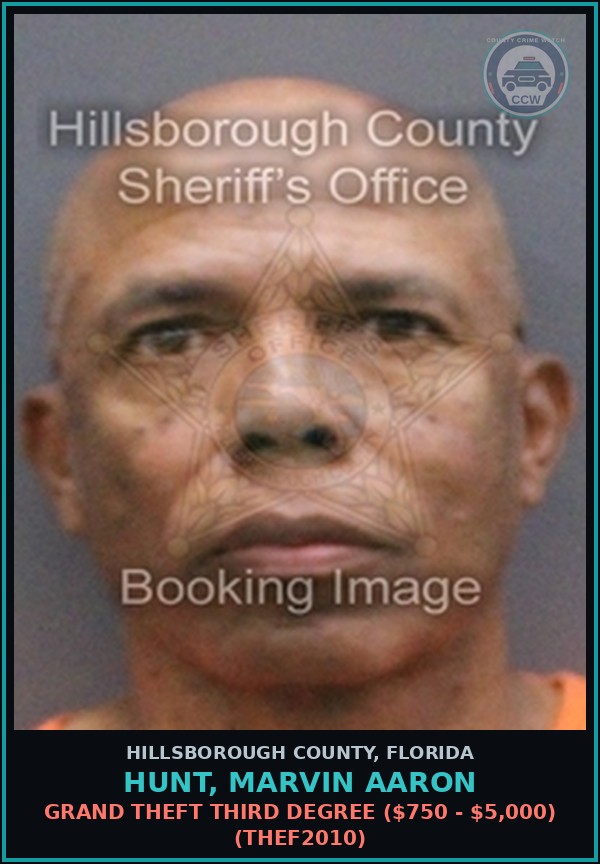 Booking mugshot of HUNT, MARVIN AARON in Hillsborough County