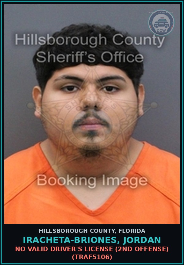 Booking mugshot of IRACHETA-BRIONES, JORDAN in Hillsborough County